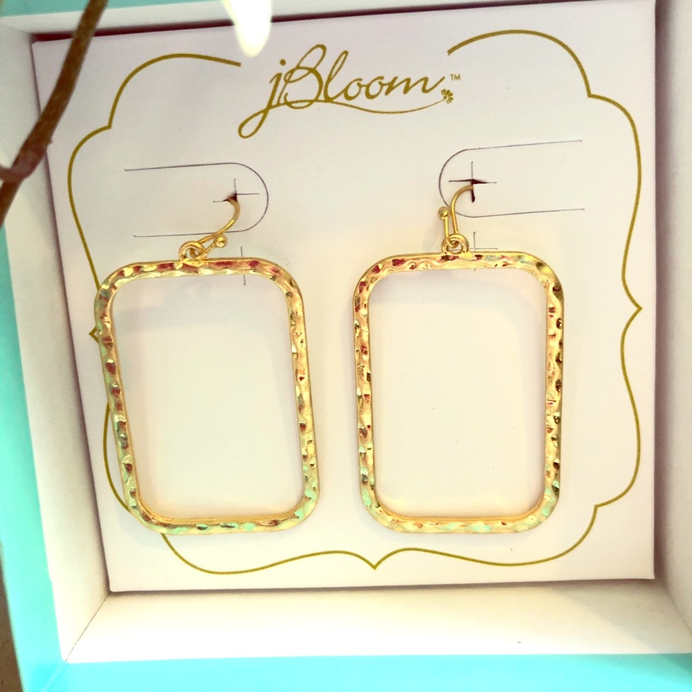 Gold rectangle dangle earrings. Hoops